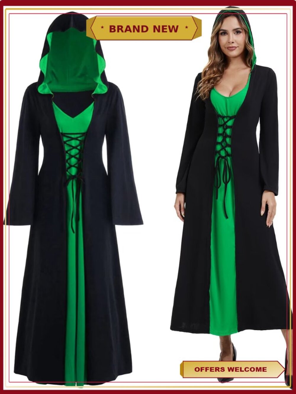 Vintage Witch Dress Halloween Costume with Hood Thumbholes
